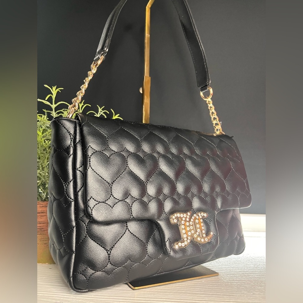 Juicy Couture Black Heart Quilted Shoulder Bag • Rhinestone JC Logo • NWT
